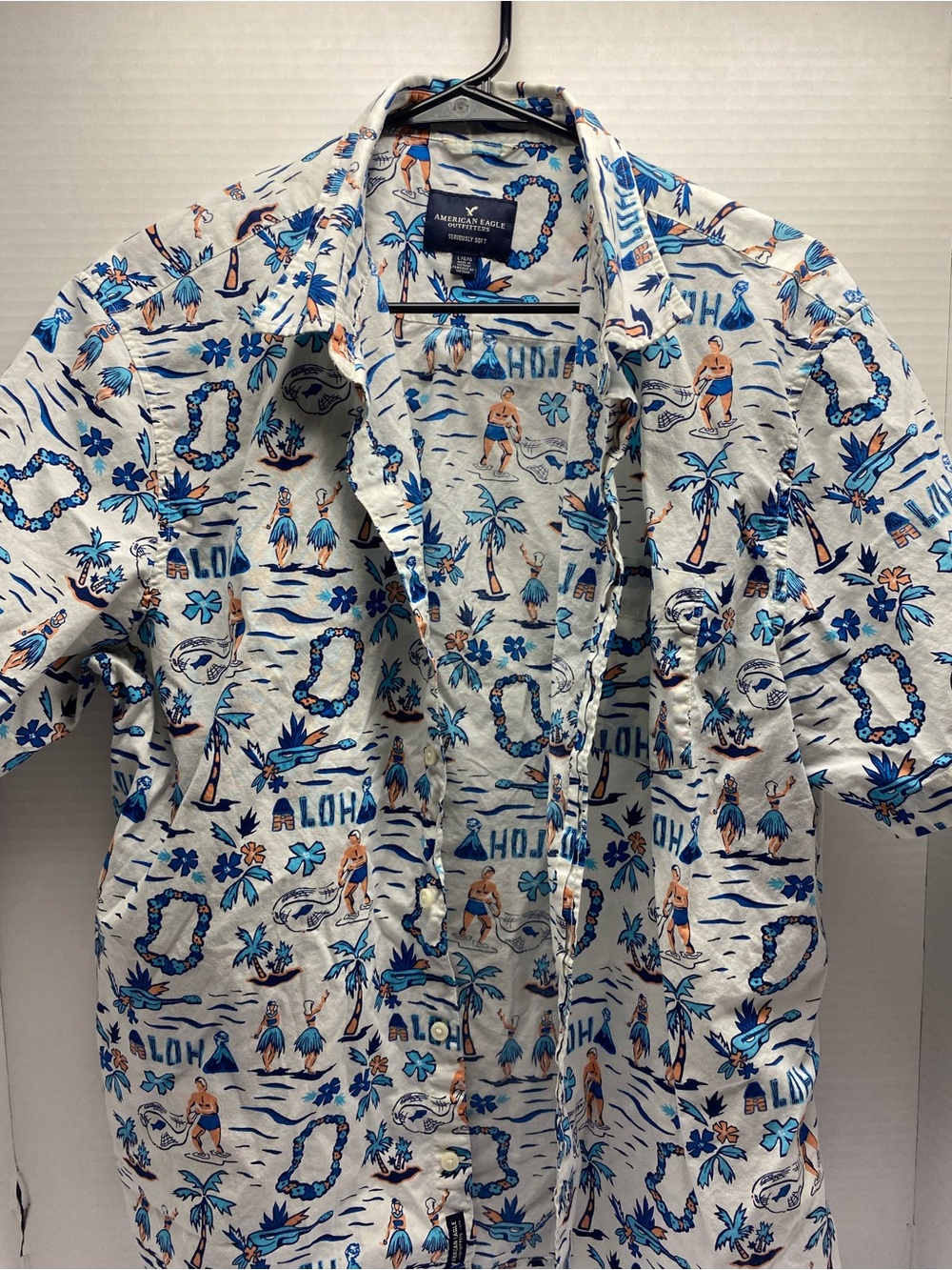 American Eagle Outfitters White & Blue Hawaiian Print Short-Sleeve Shirt